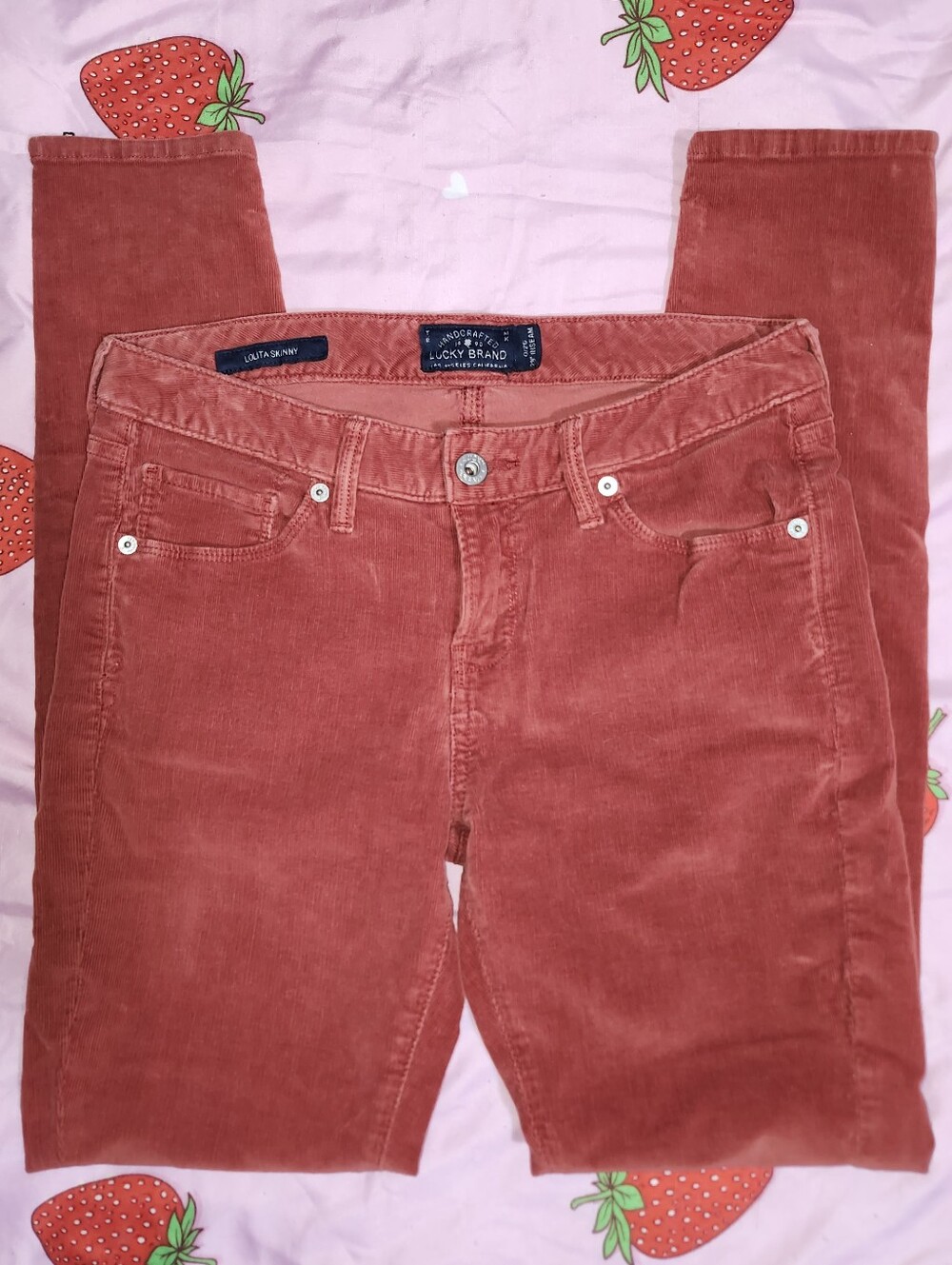 Women's size 0/25 Lucky Brand red corduroy skinny jeans with ankle zippers